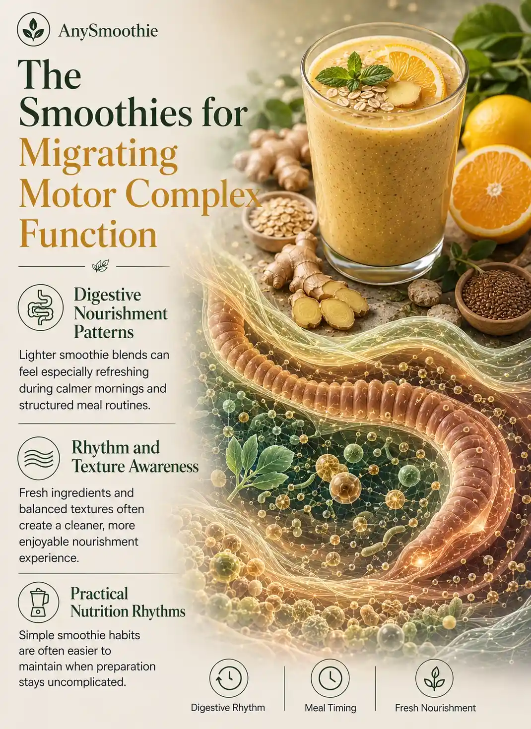 Premium wellness-science infographic featuring a citrus and ginger smoothie with whole-food ingredients, digestive rhythm-inspired biological imagery, hydration visuals, and botanical textures, illustrating smoothies for migrating motor complex function through digestive nourishment patterns, meal timing awareness, and sustainable wellness habits.