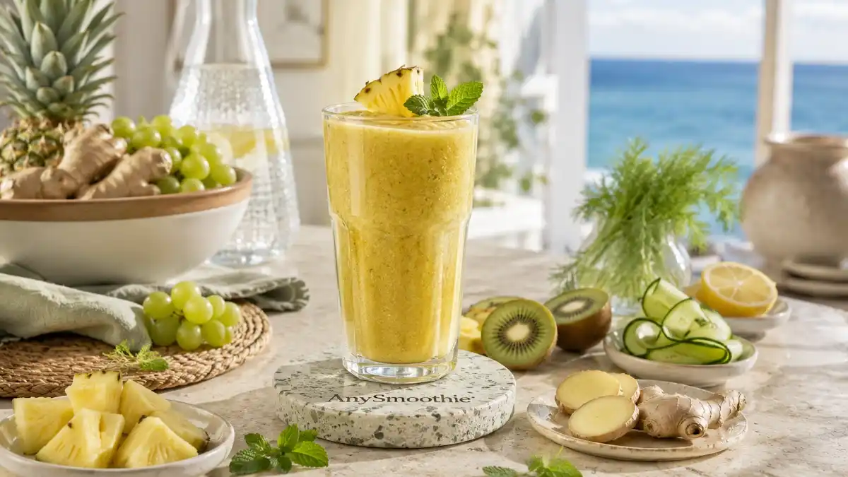 Smoothies for migrating motor complex function featuring a pineapple ginger smoothie with kiwi, cucumber, lemon, mint, green grapes, and fennel in a bright coastal breakfast kitchen.