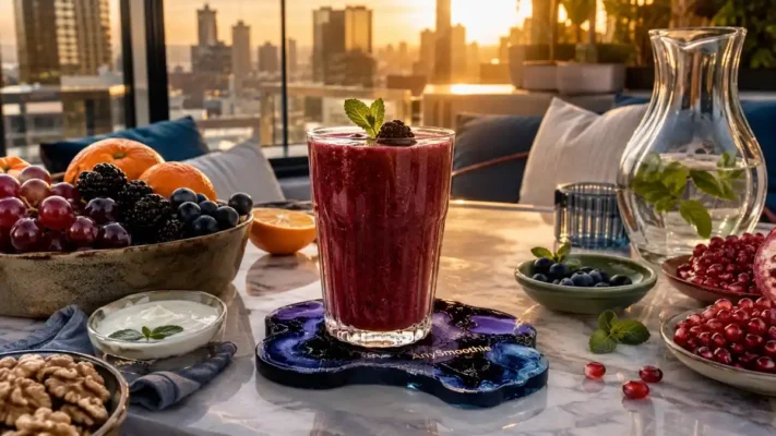 Blackberry and red grape smoothie in a tall artisan glass on an AnySmoothie resin coaster at a rooftop breakfast lounge during sunrise, featuring ingredients associated with smoothies for NAD salvage pathway support.