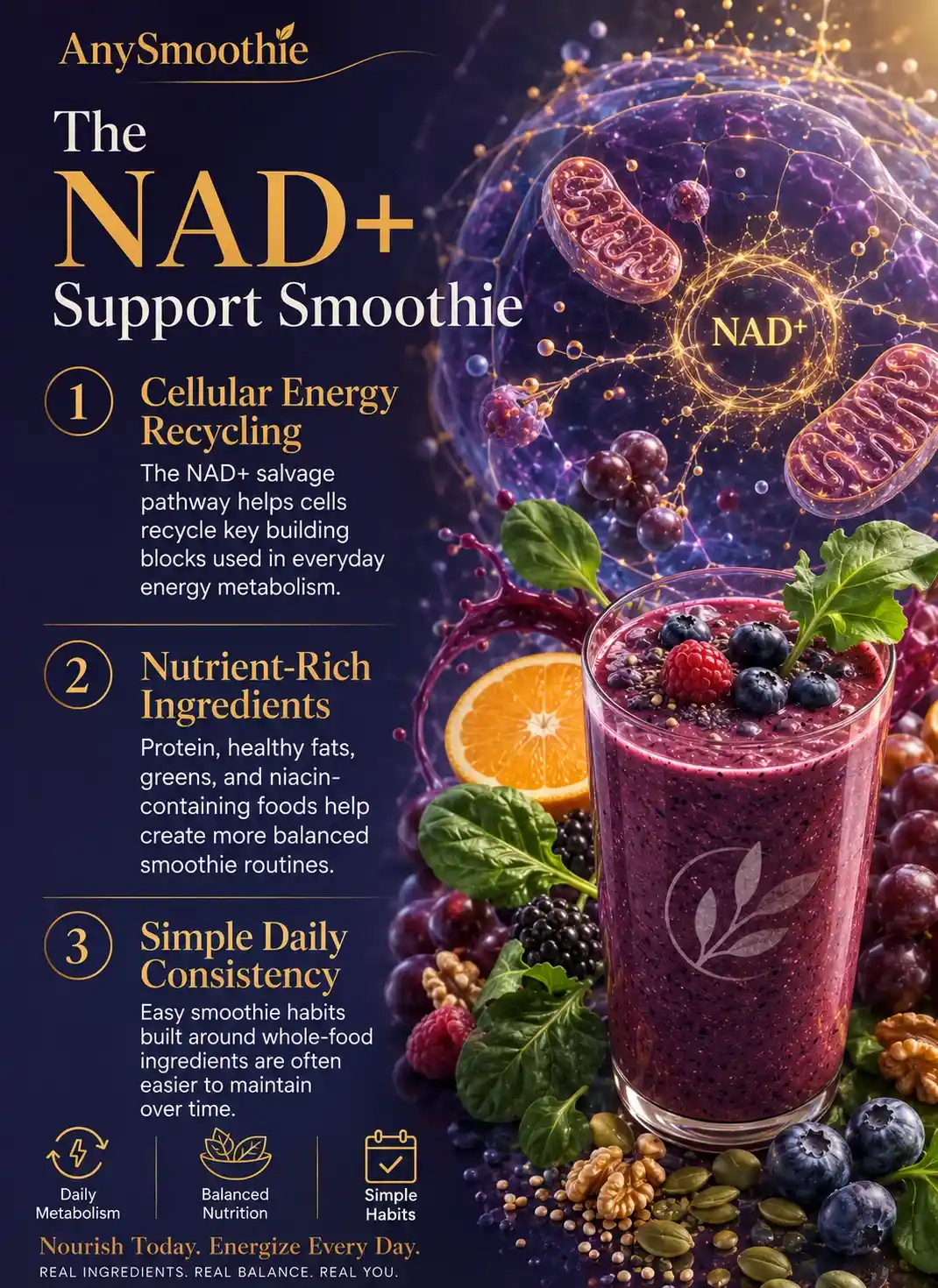 Premium wellness-science infographic about smoothies for nad salvage pathway support, featuring nutrient-rich smoothie ingredients, cellular energy recycling concepts, berry and citrus ingredients, healthy fats, greens, and balanced daily nutrition habits within a cinematic intracellular-inspired environment.
