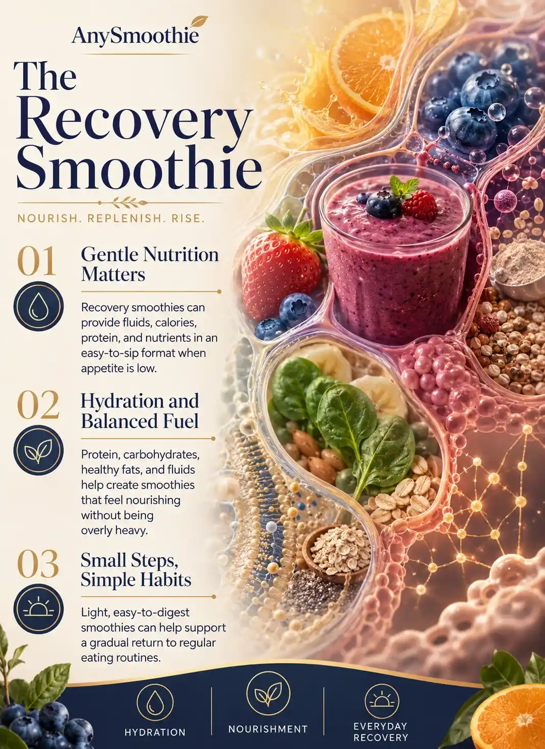 Smoothies for recovery after illness infographic featuring hydration, gentle nutrition, balanced fuel, protein-rich ingredients, berries, citrus fruits, and simple wellness habits for everyday recovery.