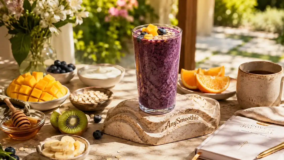 Mango blueberry smoothie with yogurt, oats, kiwi, and fresh fruit ingredients, featured as one of the best smoothies for recovery after illness in a bright wellness-inspired breakfast setting.