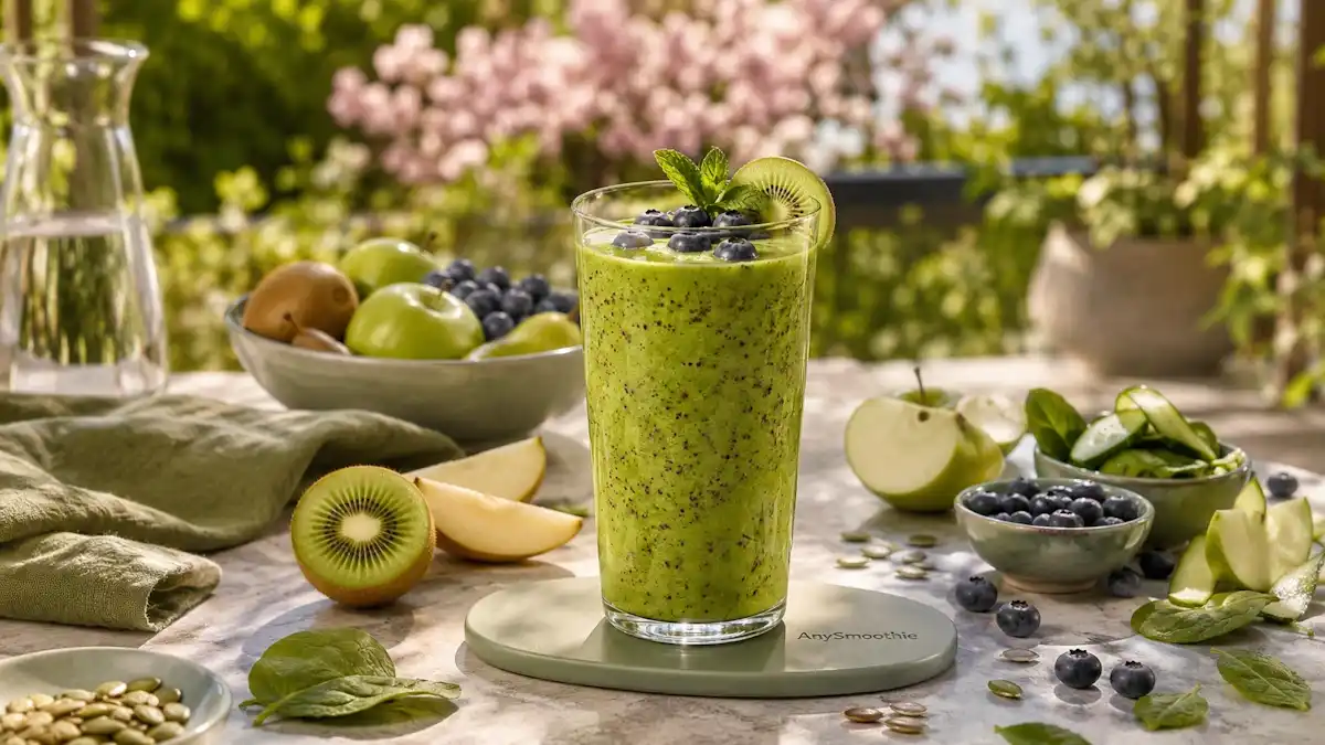 Blueberry kiwi green smoothie with apple, spinach, cucumber, and mint on a sunny garden terrace, featured in a guide about smoothies for seasonal allergy nutrition support.