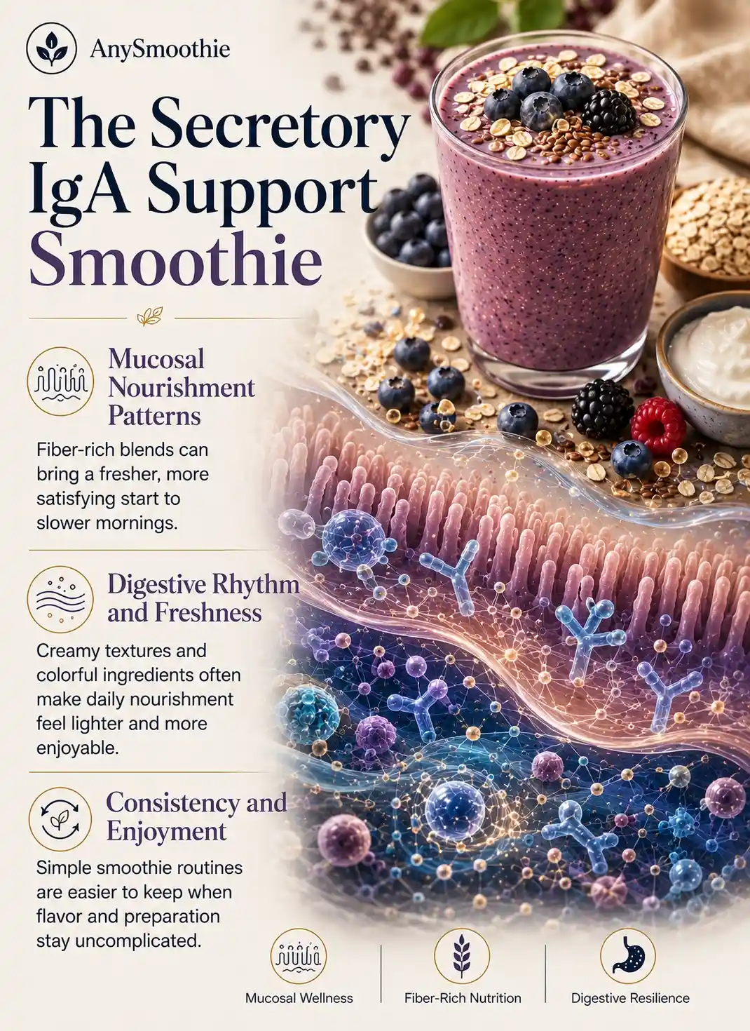 Premium wellness-science infographic featuring a berry and oat smoothie with cultured-food ingredients, fiber-rich nutrition elements, and mucosal-inspired biological imagery, illustrating smoothies to promote secretory iga production through digestive wellness patterns and sustainable whole-food nourishment habits.