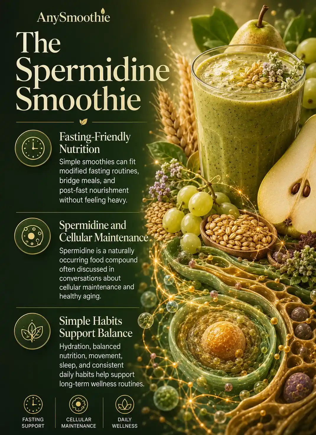 Spermidine smoothies for fasting support infographic featuring wheat germ, pear, green grapes, botanical ingredients, cellular maintenance concepts, fasting-friendly nutrition patterns, and balanced wellness habits in a premium wellness-science design.