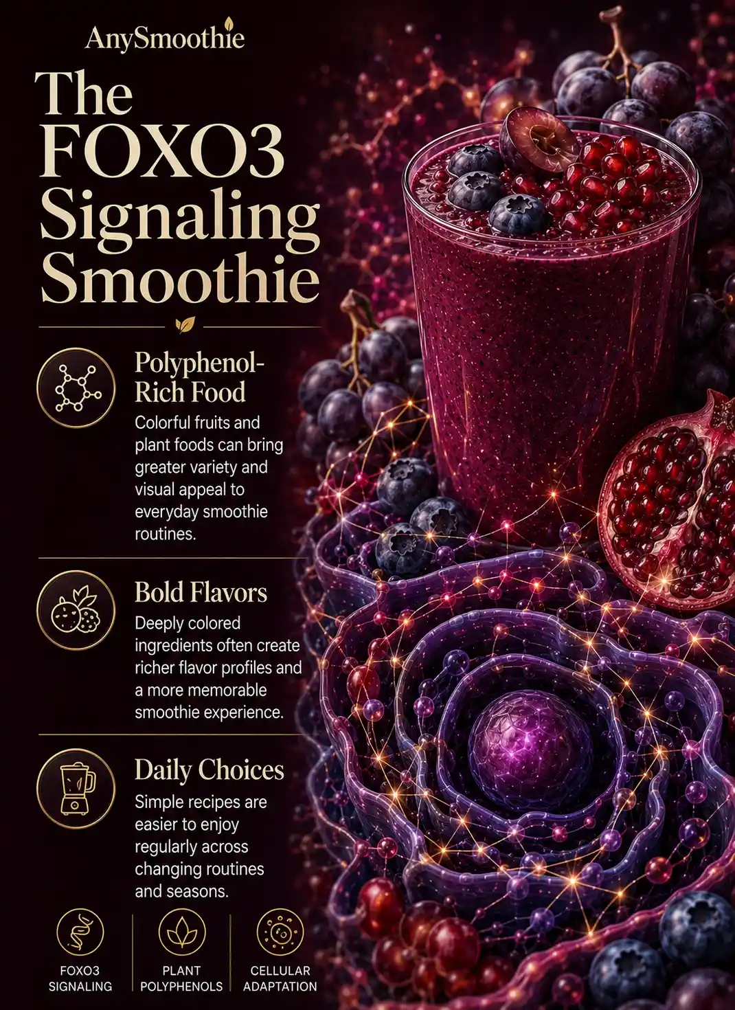 Stilbenoid smoothies and FOXO3 signaling infographic featuring dark grapes, blueberries, pomegranate, polyphenol-rich ingredients, cellular adaptation pathways, and wellness-focused nutrition concepts in a premium wellness-science design.