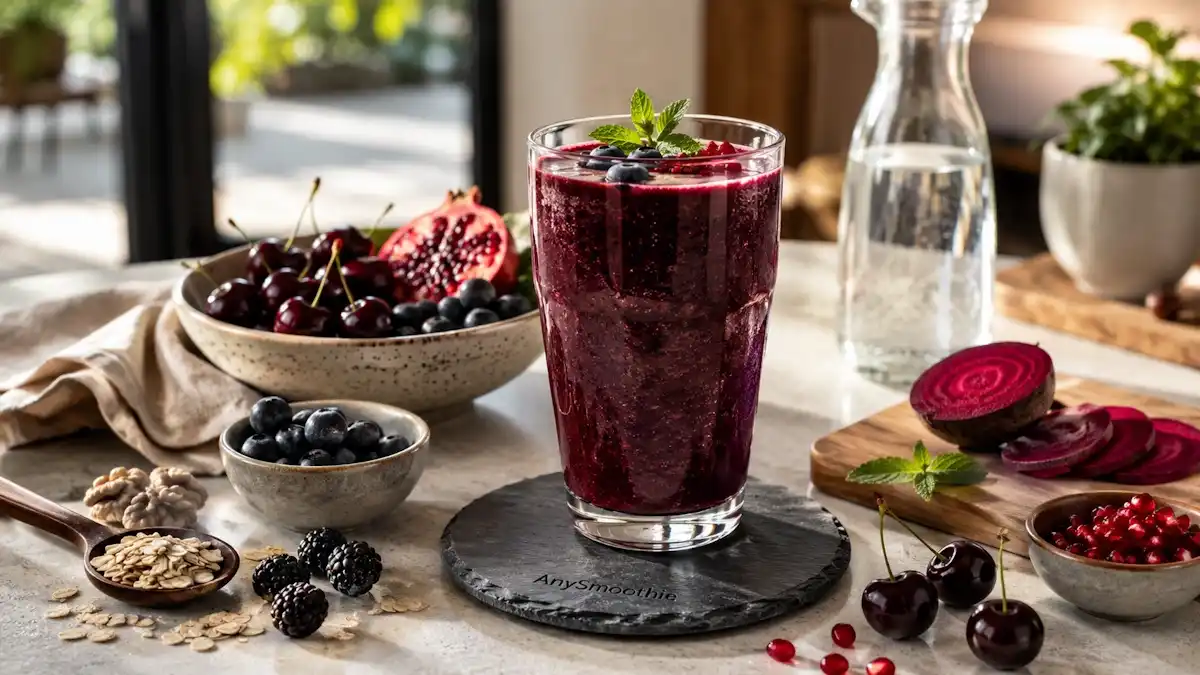 Dark cherry and pomegranate smoothie with blueberries, beetroot, walnuts, oats, and mint in a glass on a slate coaster, featured in a guide about succinic acid smoothies for cellular energy.