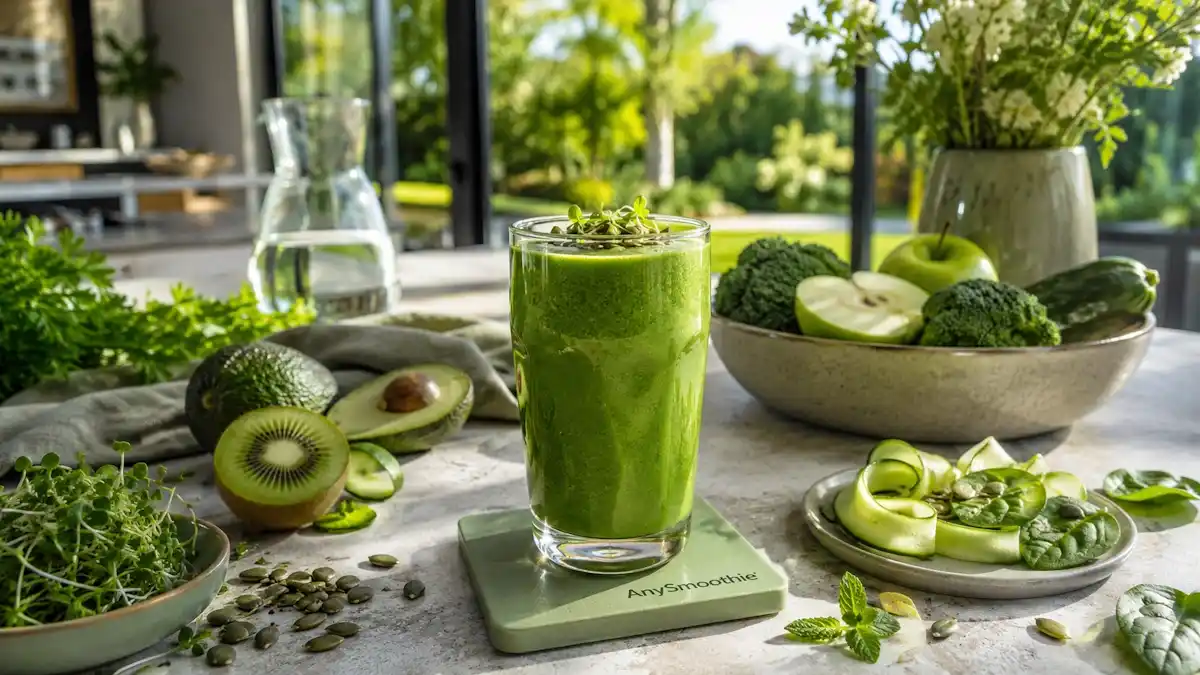 Sulforaphane rich smoothies for cellular defense made with broccoli sprouts, kiwi, green apple, spinach, cucumber, avocado, parsley, mint, and pumpkin seeds in a vibrant green smoothie served in a modern kitchen.