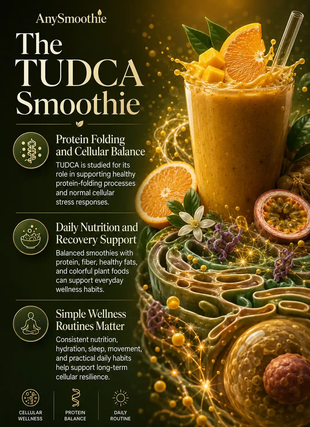 TUDCA smoothies and cellular stress resilience infographic featuring citrus fruits, golden smoothie ingredients, protein-folding concepts, cellular wellness visuals, balanced nutrition habits, and resilience-inspired biological structures.