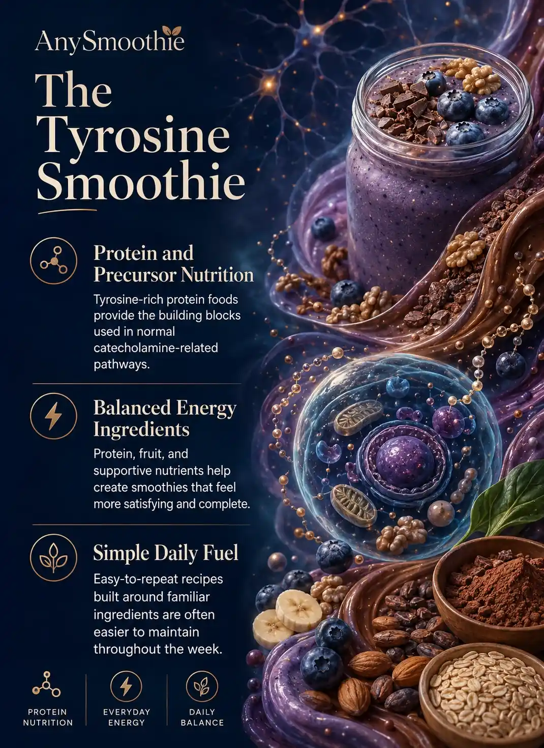 Premium wellness-science infographic about tyrosine smoothies for catecholamine precursor support, featuring protein-rich smoothie ingredients, blueberries, cacao, nuts, balanced energy nutrition, and catecholamine pathway-inspired biological visuals.