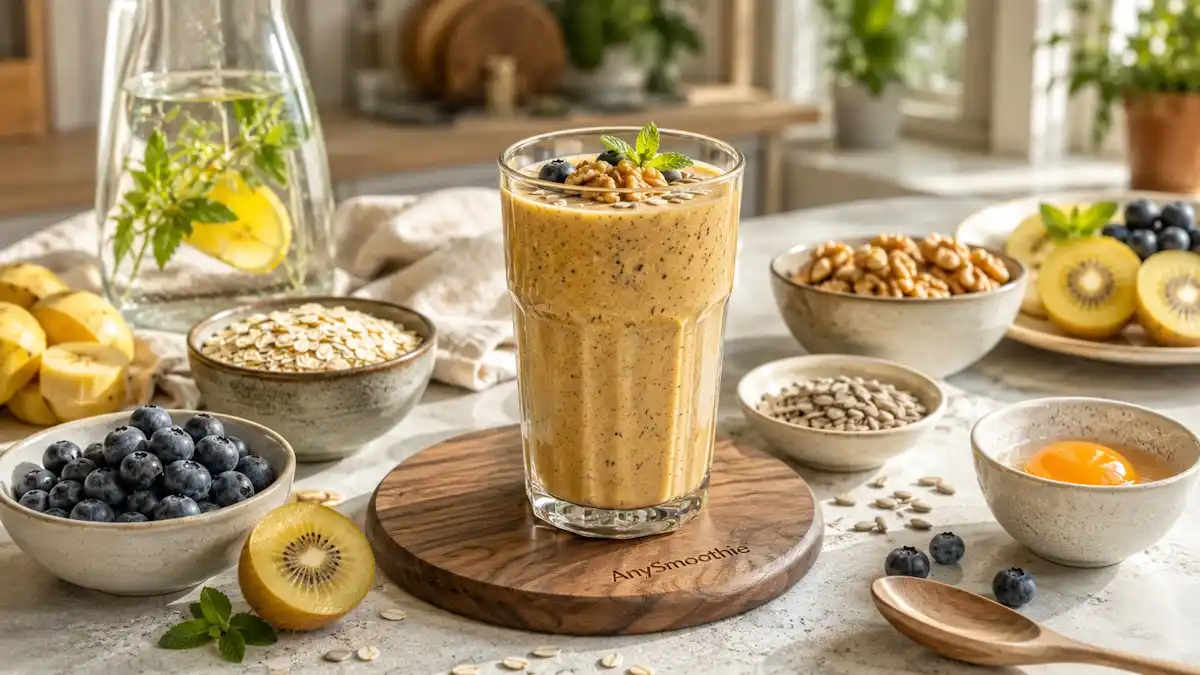 Uridine smoothies for phospholipid synthesis featuring a creamy golden blueberry walnut smoothie with banana, golden kiwi, oats, sunflower seeds, and walnuts served in a glass on a walnut wood AnySmoothie coaster in a bright modern breakfast kitchen.