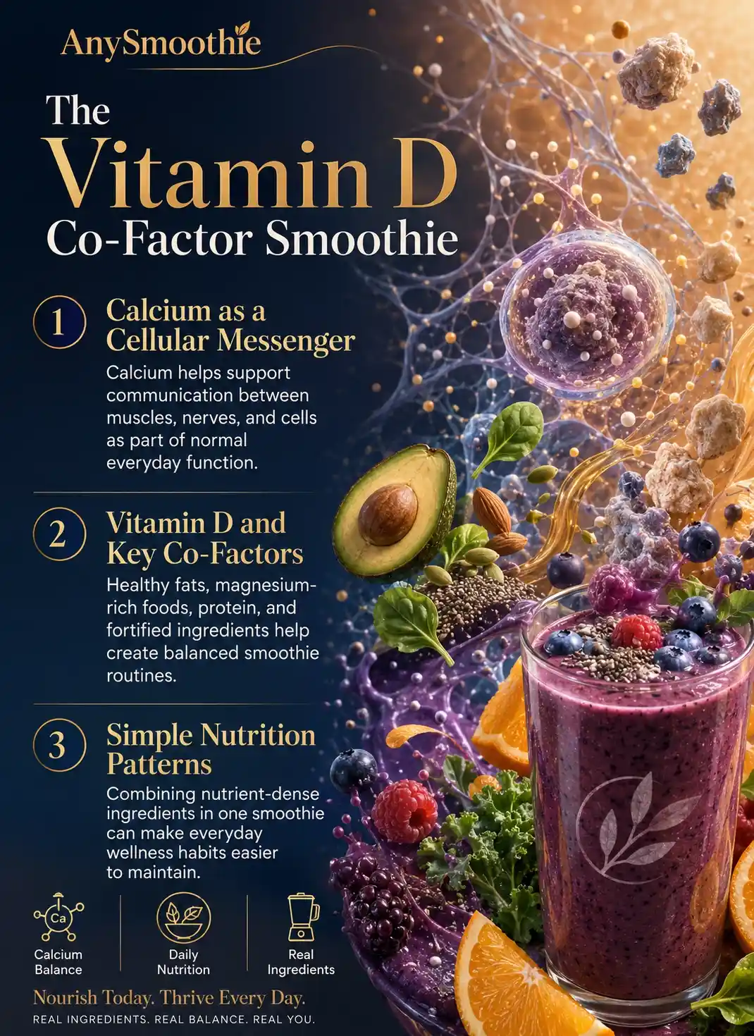 Premium wellness-science infographic illustrating vitamin d co factor smoothies for calcium signaling, featuring nutrient-dense smoothie ingredients, calcium communication pathways, healthy fats, magnesium-rich foods, and balanced daily nutrition patterns in a cinematic biological environment.