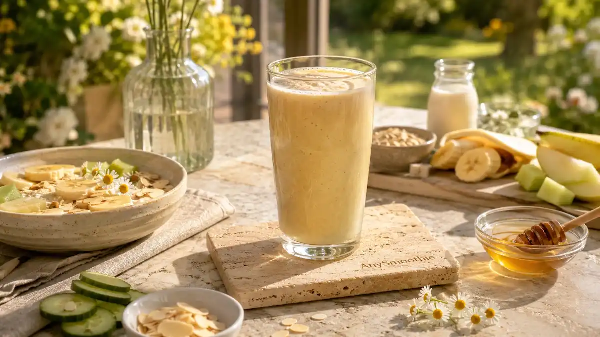 Banana pear almond smoothie in a glass on a travertine coaster with fresh fruit, oats, chamomile, and almond flakes, illustrating what makes a smoothie GERD friendly for gentle morning nutrition.