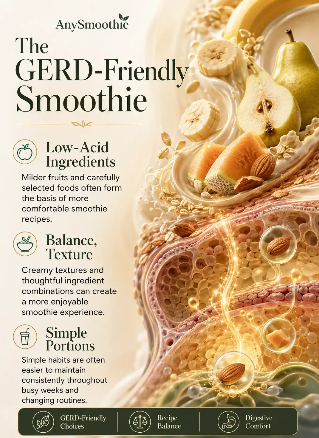 What makes a smoothie GERD friendly infographic showing low-acid ingredients, balanced smoothie texture, simple portion guidance, banana, pear, melon, oats, and almonds within a premium wellness-science digestive comfort design.