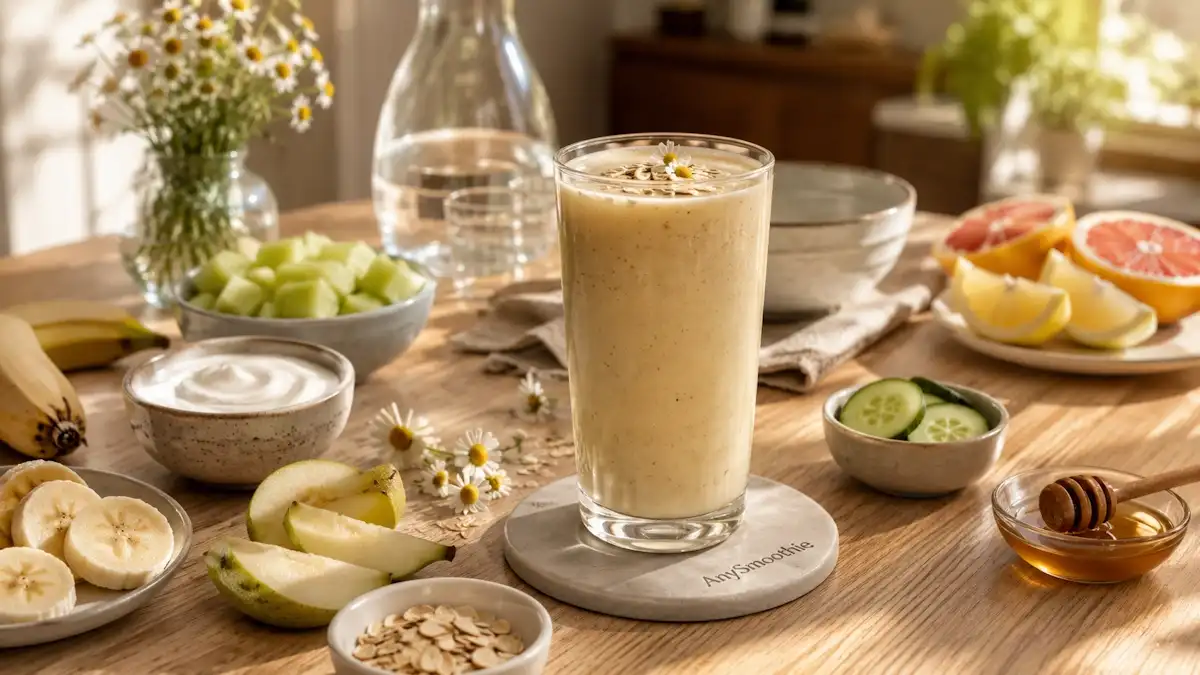 Creamy banana pear oat smoothie with honeydew melon, chamomile flowers, oats, yogurt, and cucumber slices in a bright breakfast kitchen, illustrating ingredients often discussed in why do smoothies cause heartburn articles.