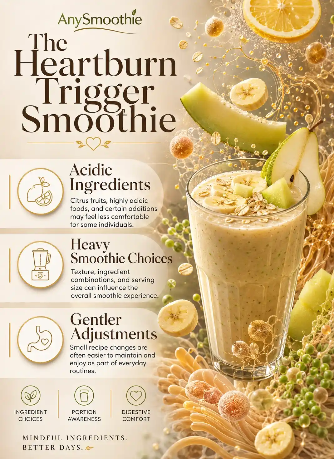 The Heartburn Trigger Smoothie infographic explaining why do smoothies cause heartburn through acidic ingredients, heavy smoothie choices, portion awareness, digestive comfort considerations, and gentler recipe adjustments using banana, pear, melon, and oat ingredients.