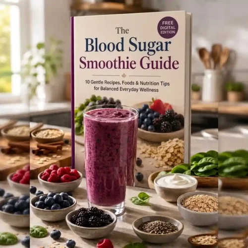 Blood Sugar Smoothie Guide ebook cover featuring a berry smoothie with blueberries, blackberries, raspberries, spinach, oats, chia seeds, and yogurt for balanced blood sugar nutrition