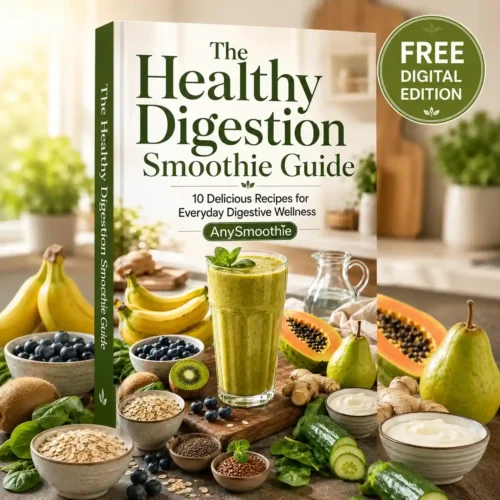 Healthy Digestion Smoothie Guide ebook banner featuring a digestive wellness smoothie recipe book with fresh fruits, leafy greens, yogurt, oats, chia seeds, and ginger in a bright modern kitchen.