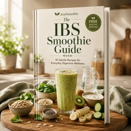 The IBS Smoothie Guide cookbook banner featuring the book cover with healthy smoothie ingredients in a bright modern kitchen for digestive wellness