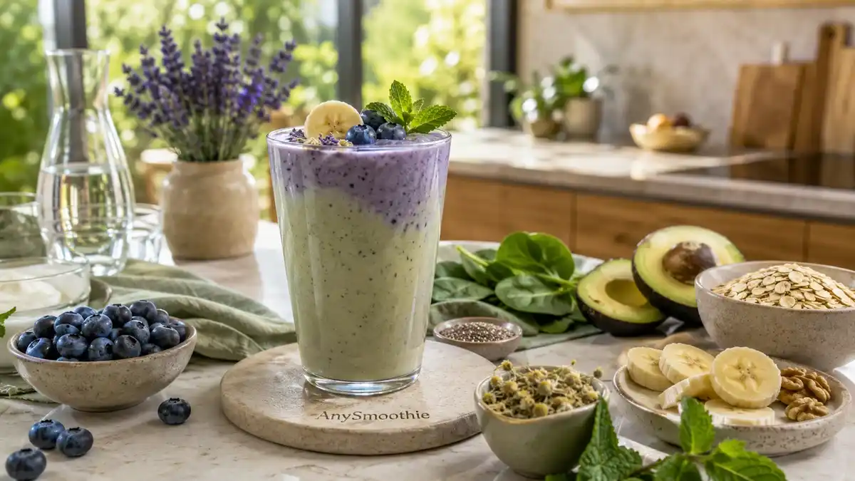 Creamy blueberry banana avocado smoothie with spinach, oats, chamomile, walnuts, chia seeds, and Greek yogurt in a modern kitchen, illustrating afternoon smoothies for a calm mind with wholesome nutrient-rich ingredients.
