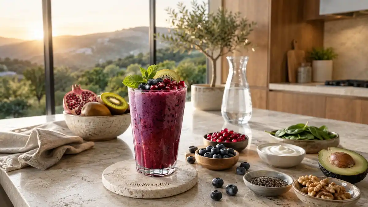 Luxurious blueberry, pomegranate, and kiwi smoothie with Greek yogurt, spinach, avocado, walnuts, chia seeds, and flaxseeds in a tall artisan glass on a travertine coaster inside a modern sunlit kitchen, illustrating alpha-ketoglutarate smoothies for healthy longevity.