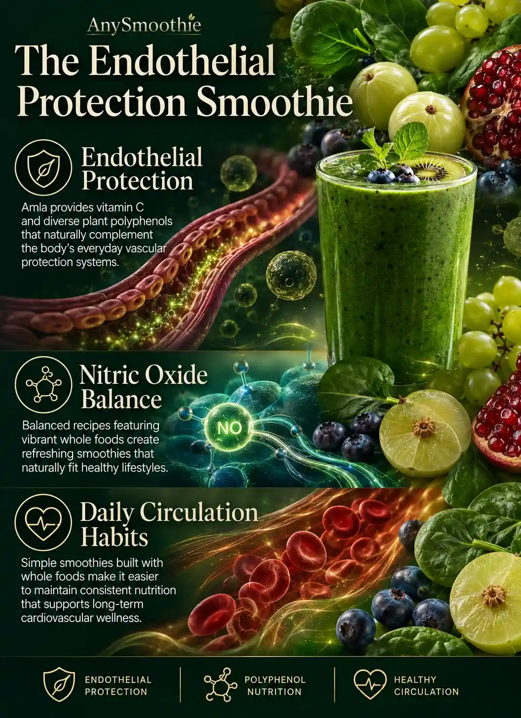 Infographic about amla smoothies for endothelial protection showing antioxidant-rich whole foods, nitric oxide balance, endothelial protection, and healthy circulation with a vibrant green smoothie and colorful fruits.