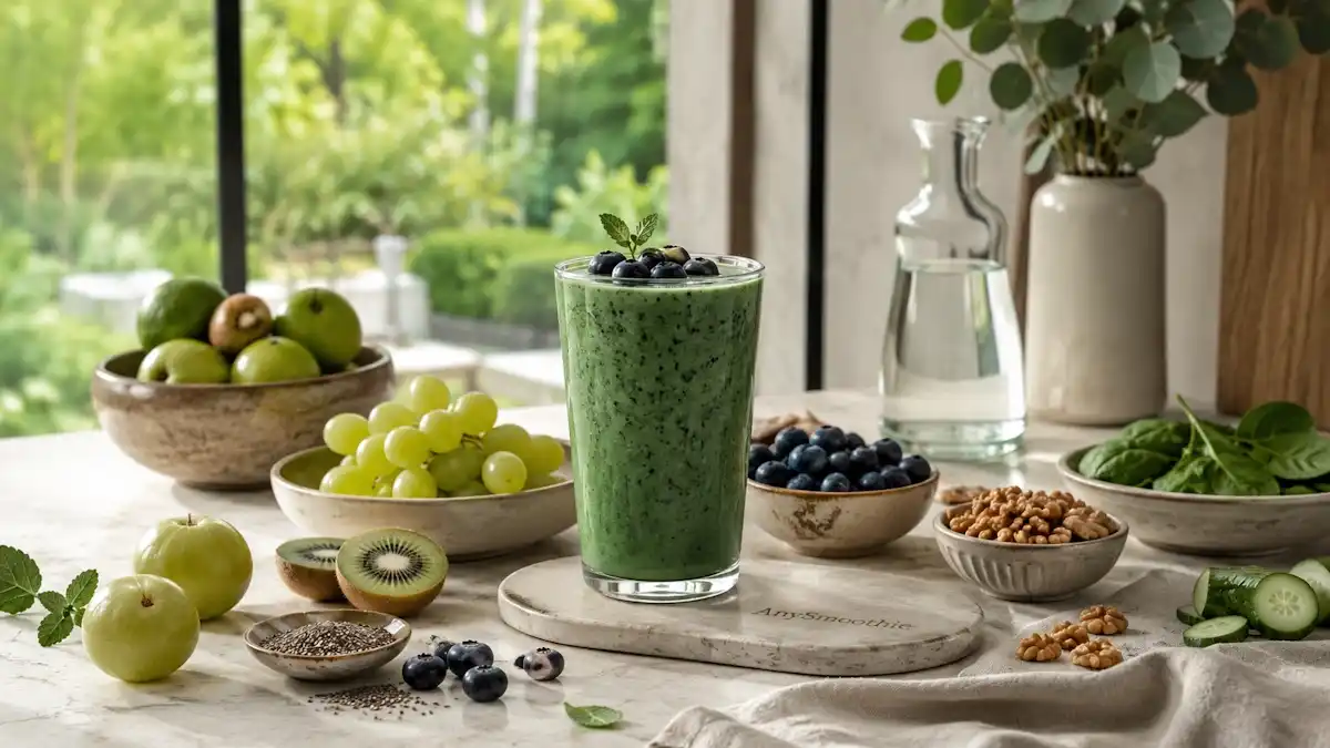 Amla smoothies for endothelial protection featuring a vibrant green grape, blueberry, kiwi, spinach, cucumber, and chia seed smoothie served in a clear glass on a natural travertine coaster in a bright modern kitchen.