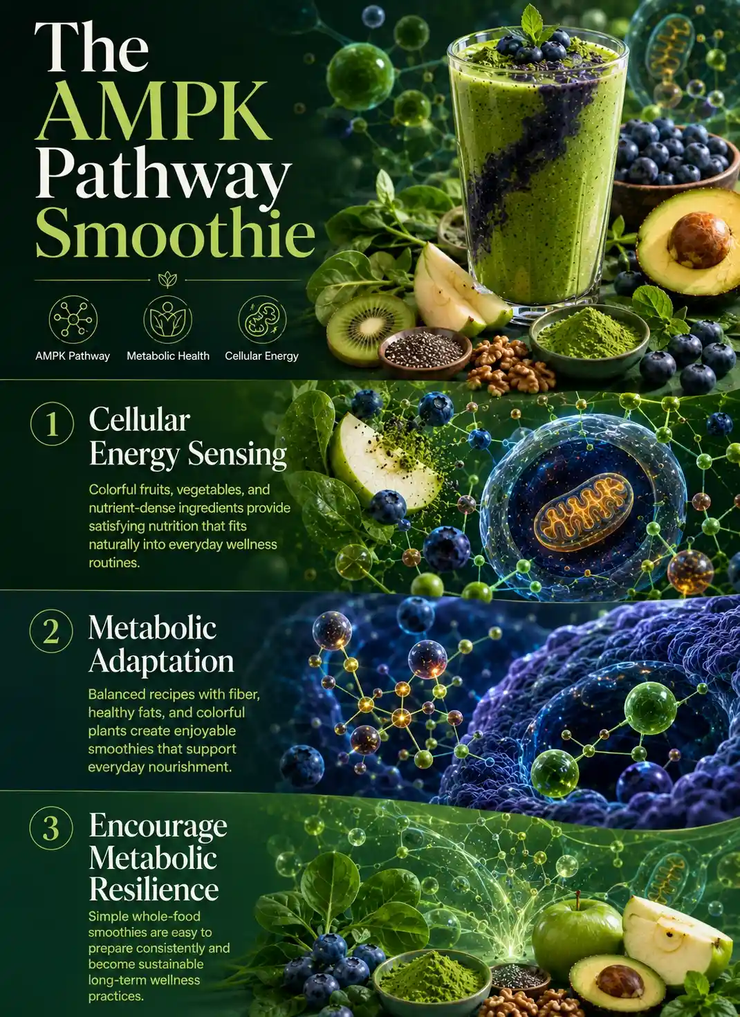 Infographic about AMPK pathway smoothies for metabolic health showing a matcha blueberry avocado smoothie, whole-food ingredients, cellular energy concepts, metabolic adaptation, and AMPK-inspired nutrient signaling in a premium wellness-science design.