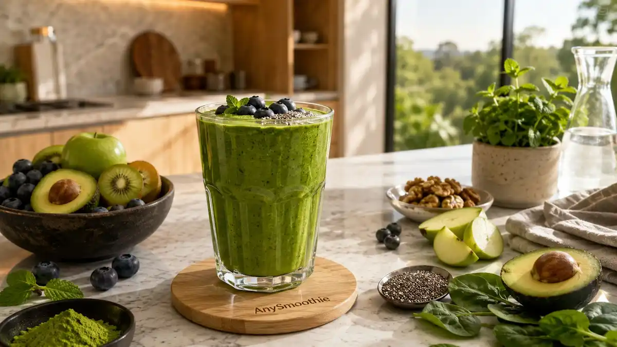 AMPK pathway smoothies for metabolic health featuring a matcha blueberry avocado smoothie with spinach, kiwi, chia seeds, walnuts, fresh mint, and green apple in a modern kitchen with natural morning light.