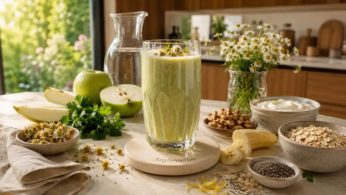Apigenin smoothies for sirtuin support featuring a pear, green apple, and chamomile smoothie with Greek yogurt, oats, walnuts, chia seeds, parsley, and lemon zest in a bright botanical kitchen.