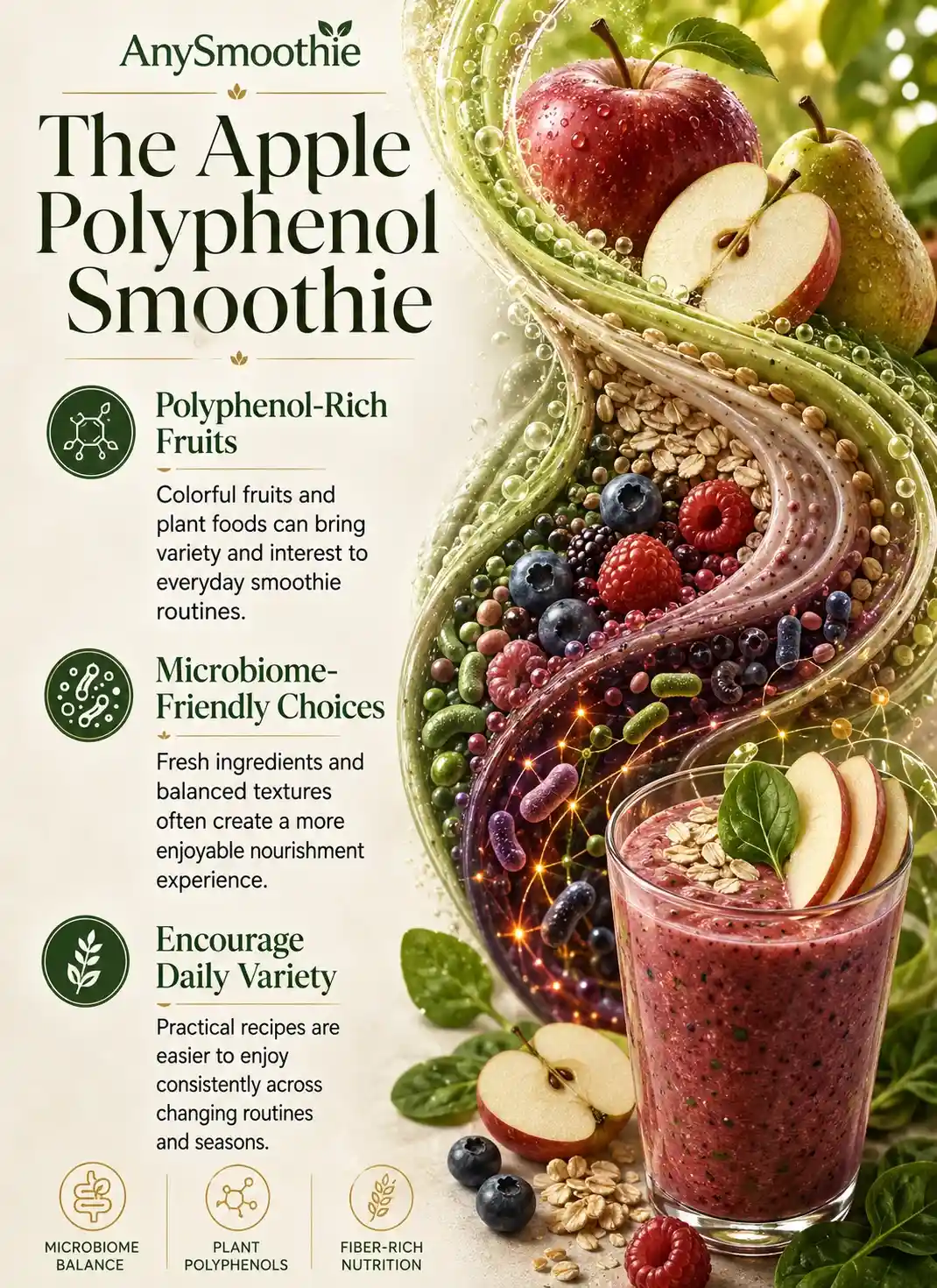 Apple Polyphenol Smoothie infographic featuring apples, berries, oats, fiber-rich ingredients, plant polyphenols, microbiome-inspired wellness visuals, and nutritional concepts related to apple polyphenol smoothies for microbiome balance.