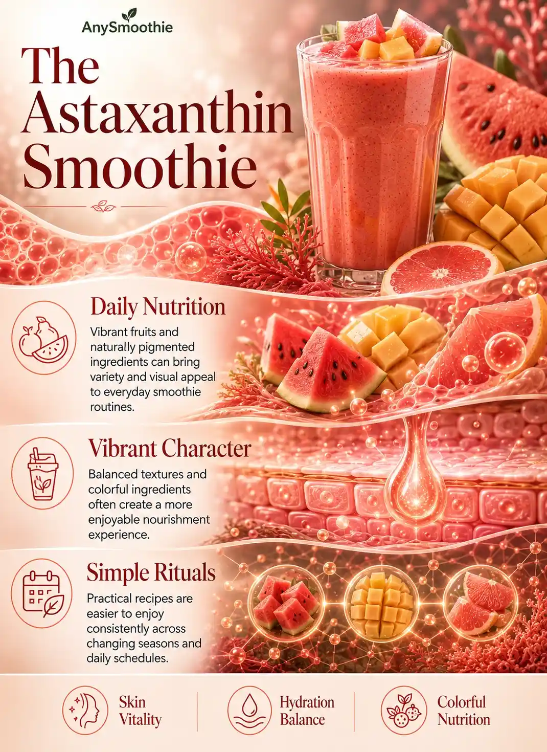 Infographic about astaxanthin smoothies for skin vitality featuring watermelon, mango, pink grapefruit-inspired ingredients, hydration balance concepts, colorful nutrition, and wellness-focused smoothie habits for everyday nourishment.
