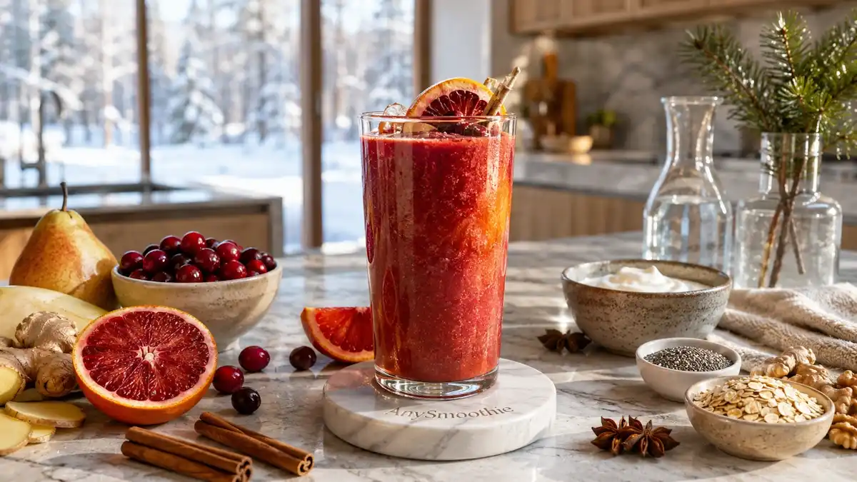 Balanced winter wellness smoothies featuring a blood orange, cranberry, and pear smoothie with ginger, cinnamon, walnuts, oats, chia seeds, and Greek yogurt served in a clear artisan glass on a white marble coaster in a cozy Scandinavian winter kitchen.
