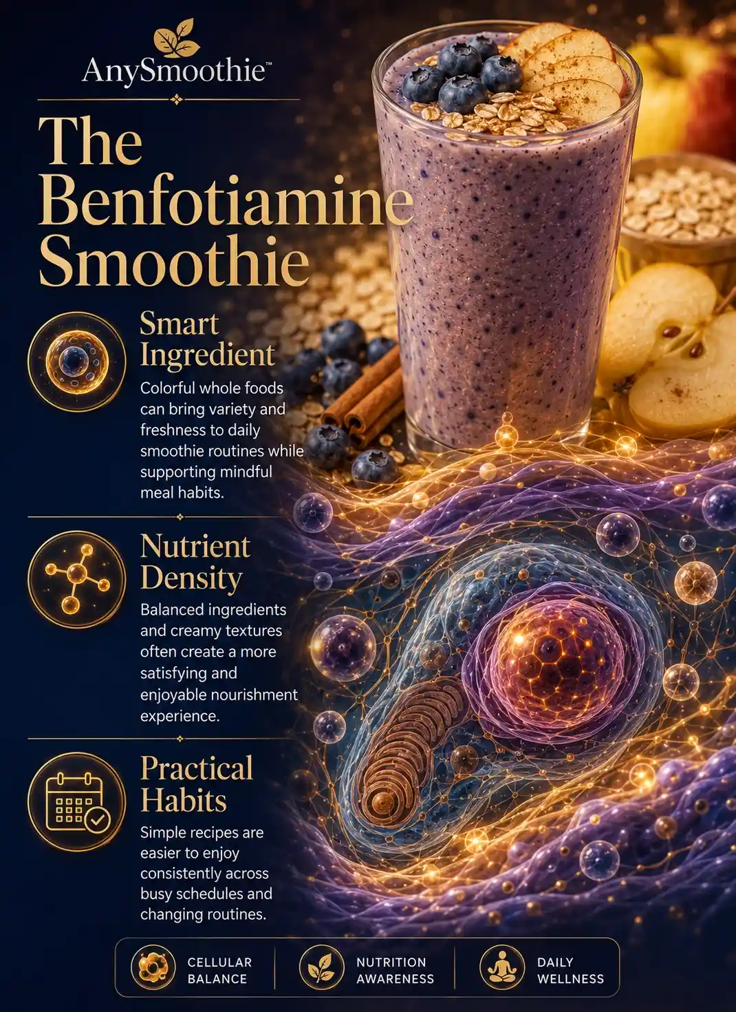 Premium wellness-science infographic about benfotiamine smoothies for glycation balance featuring a golden apple blueberry smoothie, cinnamon and oat ingredients, cellular balance imagery, nutrient communication pathways, and balanced daily wellness habits.