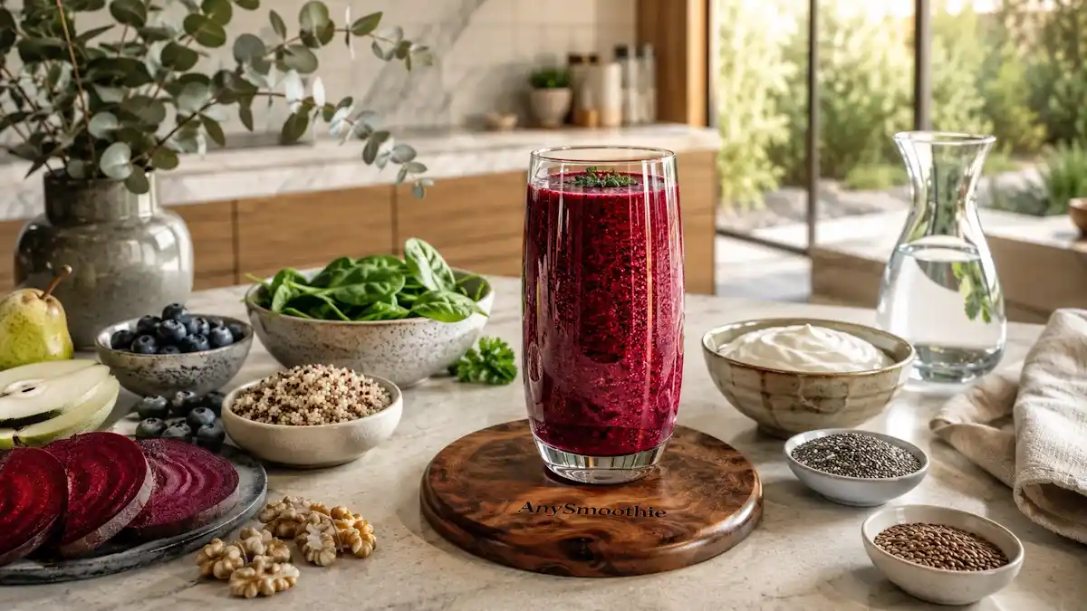 Luxurious beetroot, blueberry, and pear smoothie with spinach, quinoa, chia seeds, walnuts, flaxseeds, and Greek yogurt, illustrating betaine smoothies for methylation support in a modern wellness kitchen.