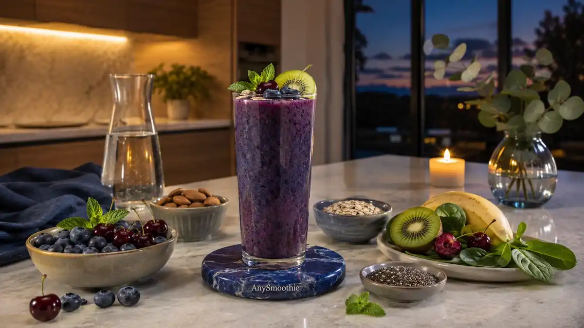 Blue light recovery smoothies for sleep rhythms featuring a blueberry, tart cherry, and kiwi smoothie in a tall glass with wholesome evening ingredients including blueberries, tart cherries, kiwi, banana, spinach, oats, almonds, chia seeds, and Greek yogurt in a modern kitchen at dusk.