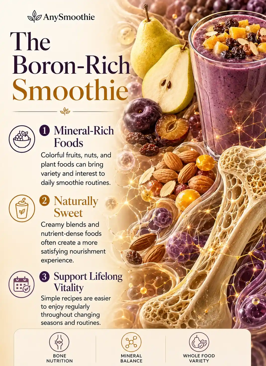 Premium wellness infographic about boron rich smoothies for healthy bone nutrition featuring prunes, raisins, almonds, pears, and mineral-rich fruits with bone nutrition, mineral balance, and whole food variety concepts.