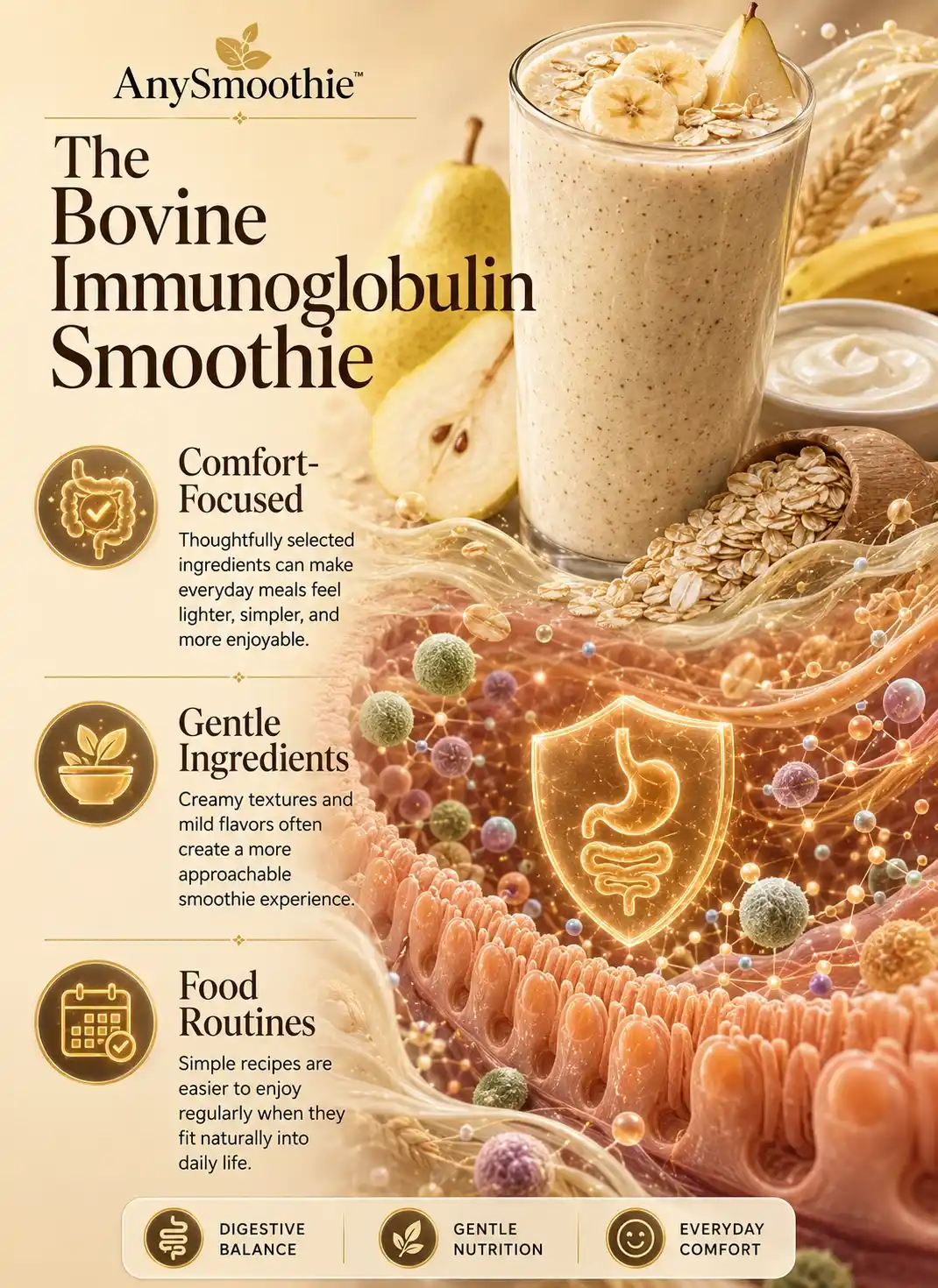 Premium wellness-science infographic about bovine immunoglobulin smoothies for digestive balance featuring a creamy pear banana oat smoothie, digestive wellness imagery, gentle nutrition concepts, intestinal harmony visuals, and balanced daily nourishment habits.