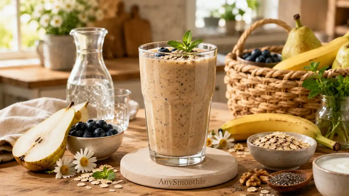 Creamy pear, banana, kefir, and oat smoothie with blueberries, chia seeds, walnuts, and chamomile in a farmhouse kitchen, illustrating bovine immunoglobulin smoothies for digestive balance with wholesome ingredients that support everyday digestive wellness.