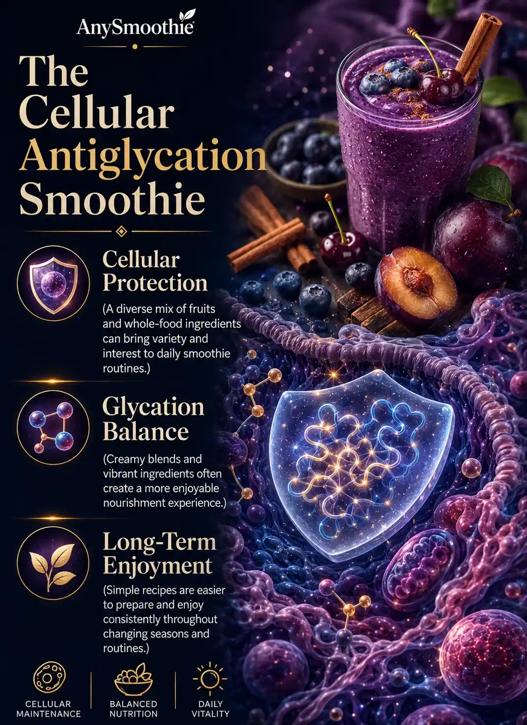Carnosine smoothies for cellular antiglycation infographic featuring blueberry, plum, cinnamon, and dark cherry smoothie ingredients with cellular maintenance visuals, antiglycation-inspired biological motifs, balanced nutrition concepts, and daily vitality support.