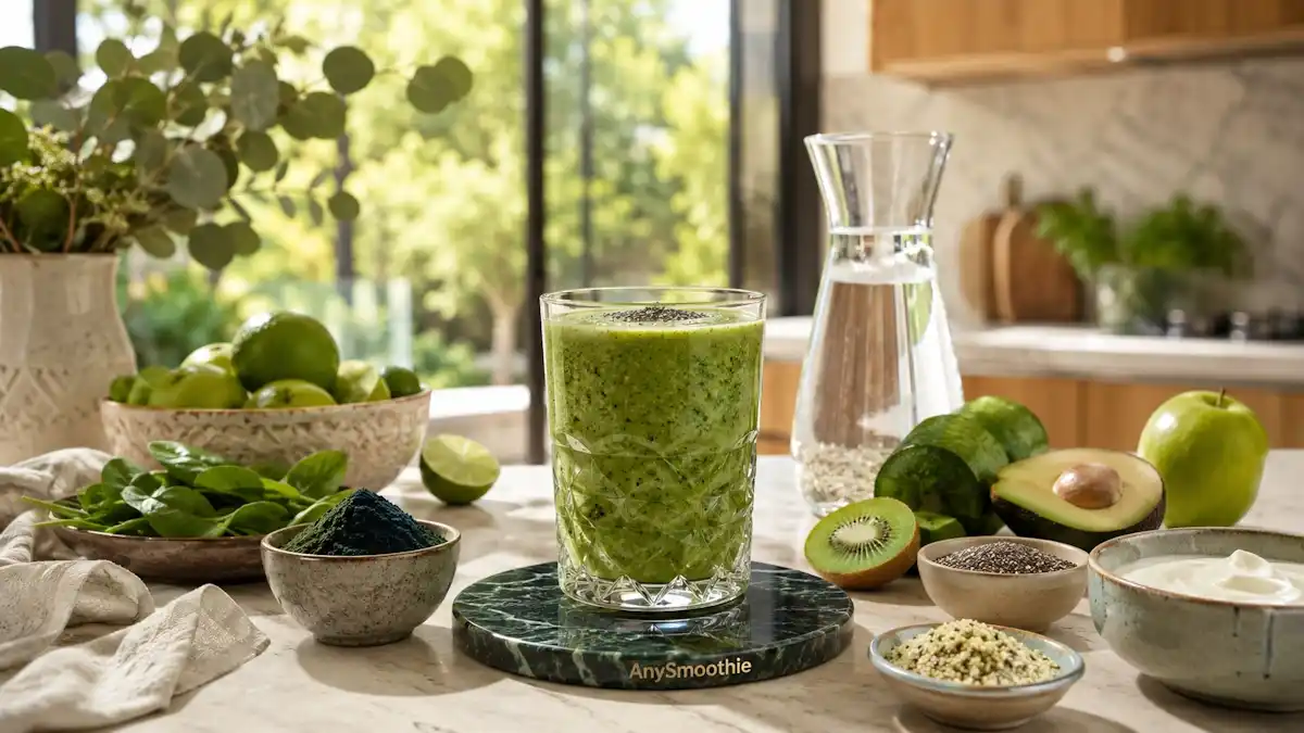 Luxurious chlorella green apple kiwi smoothie in a tall artisan glass on a polished rainforest green marble coaster with fresh whole-food ingredients in a bright modern kitchen, illustrating chlorella smoothies for everyday wellness.