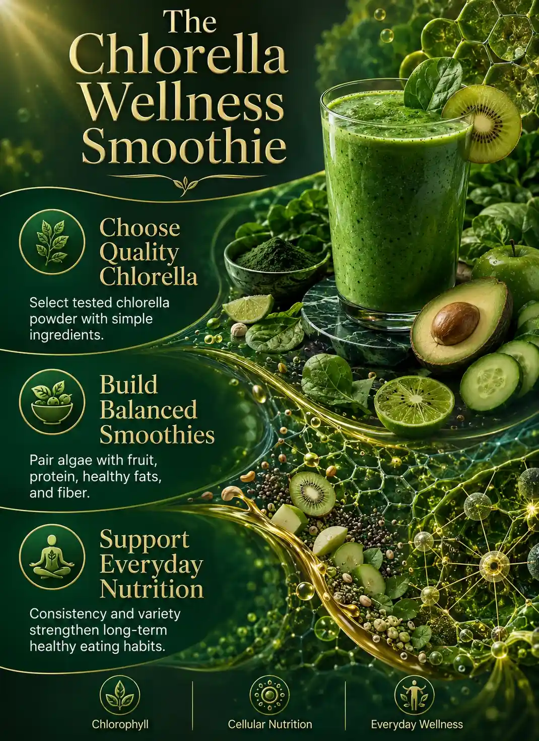 Infographic illustrating chlorella smoothies for everyday wellness with balanced smoothie ingredients, quality chlorella selection, chlorophyll-inspired cellular nutrition, and colorful whole-food nutrition in a premium wellness-science editorial design.