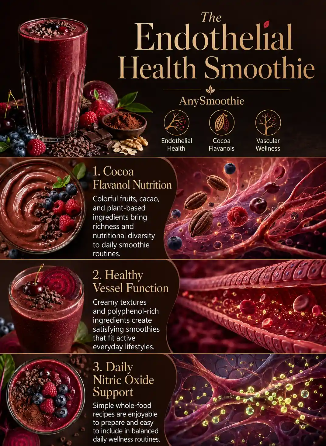Infographic showing cocoa flavanol smoothies for endothelial health, highlighting cocoa flavanols, vascular wellness, nitric oxide support, and antioxidant-rich smoothie ingredients including berries and cocoa.