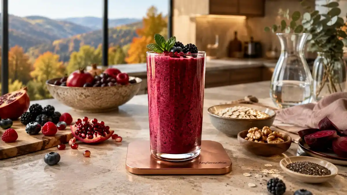 CoQ10 smoothies for vascular endothelial support featuring a blackberry, pomegranate, blueberry, and beet smoothie in a clear glass with antioxidant-rich ingredients on a brushed copper coaster in a modern wellness kitchen.