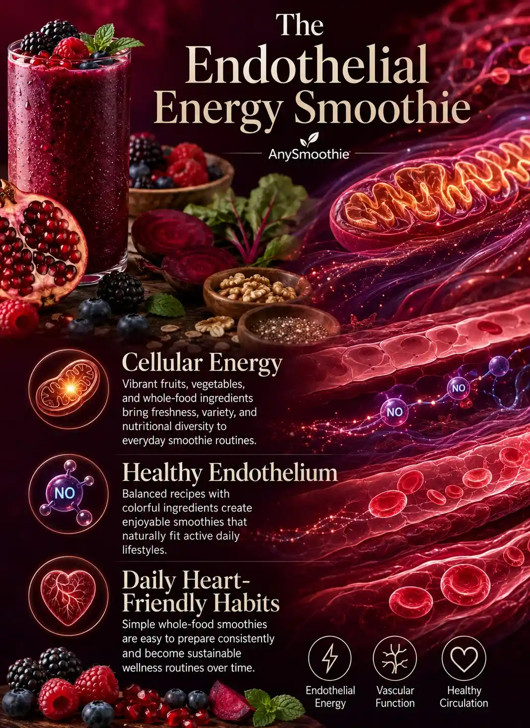 Infographic about coq10 smoothies for vascular endothelial support showing a blackberry, pomegranate, blueberry, and beet smoothie with illustrations of endothelial cells, mitochondrial energy, vascular function, and healthy circulation.