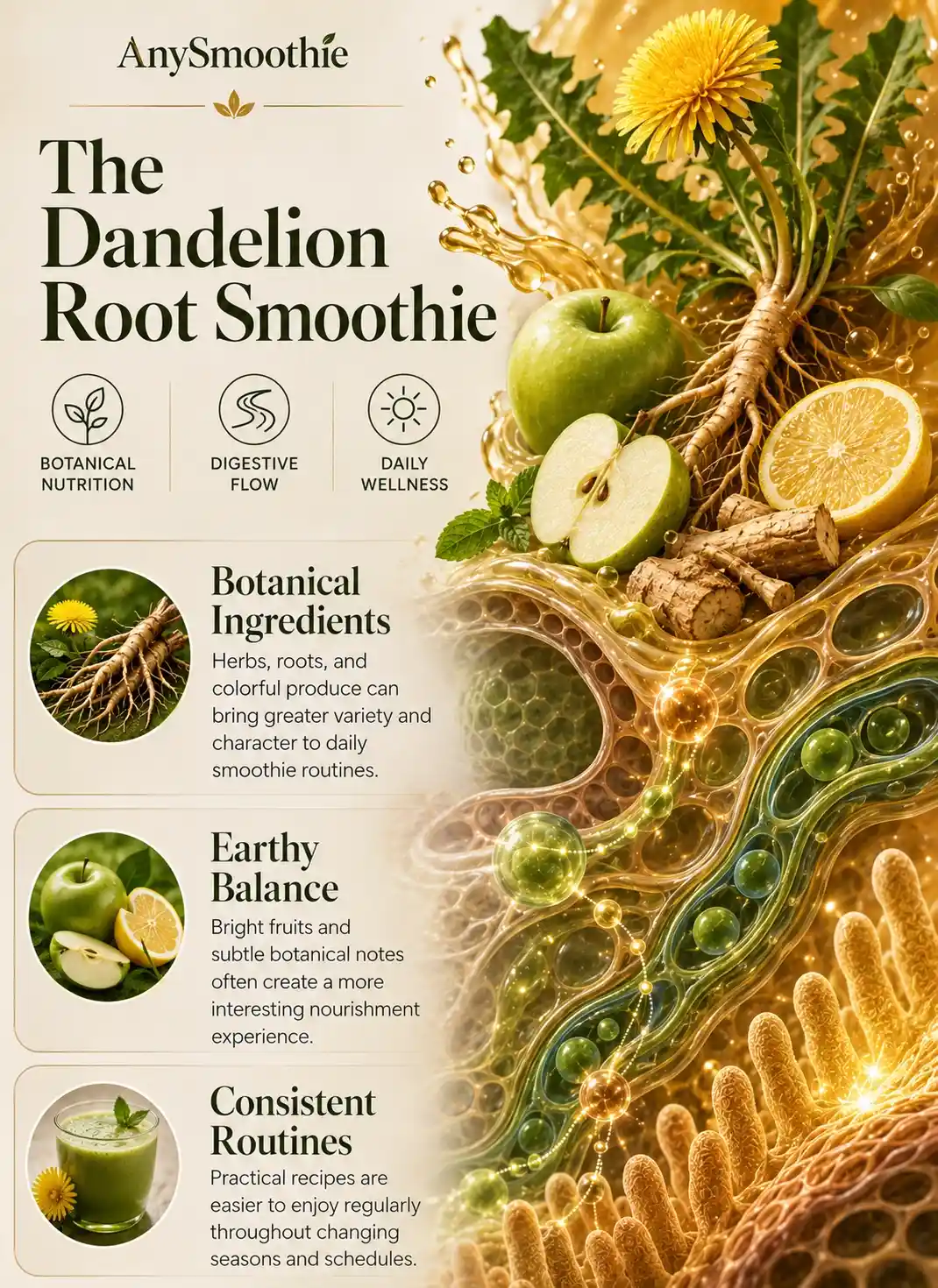 Premium wellness-science infographic about dandelion root smoothies for bile flow support featuring dandelion root, green apple, lemon, botanical nutrition concepts, digestive flow awareness, and balanced daily wellness routines.