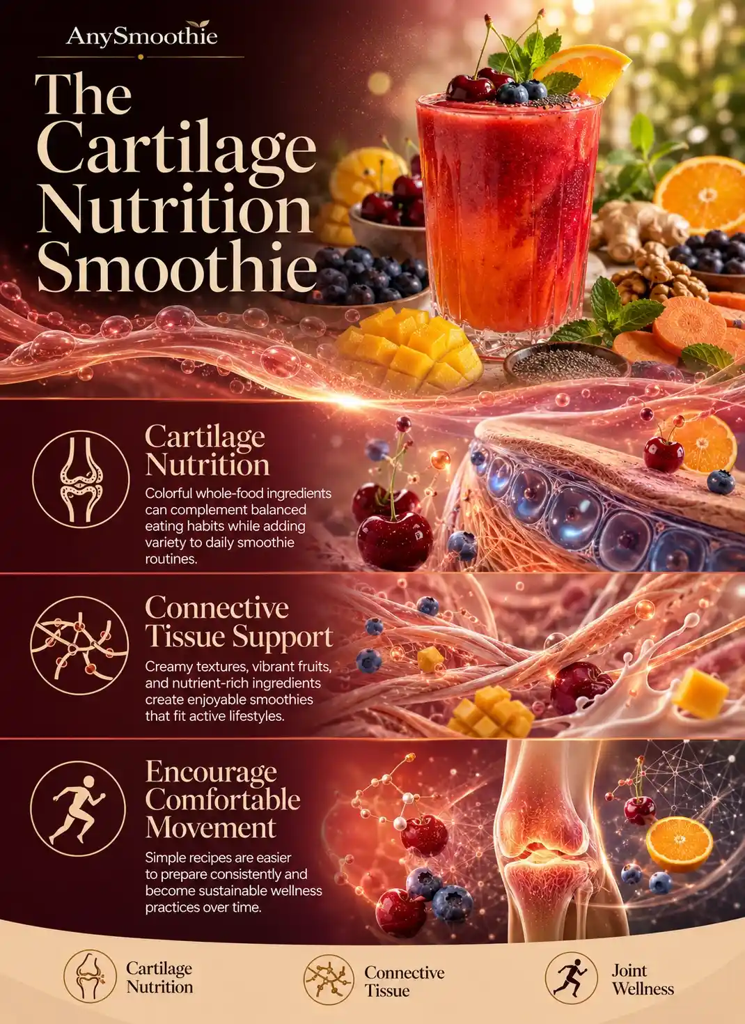 Infographic about eggshell membrane smoothies for cartilage nutrition showing a tart cherry and mango smoothie, colorful whole-food ingredients, connective tissue support, cartilage nutrition, and joint wellness in a premium wellness-science editorial design.