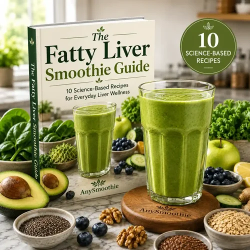 Book cover for The Fatty Liver Smoothie Guide featuring science-based fatty liver recipes, a vibrant green smoothie, avocado, spinach, blueberries, walnuts, chia seeds, oats, and wholesome ingredients in a bright modern kitchen.