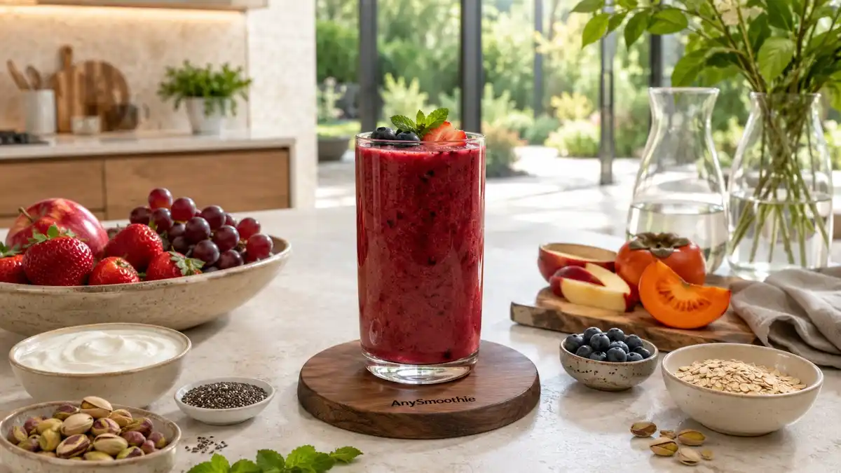 Luxurious strawberry apple blueberry smoothie with fisetin-rich fruits, persimmon, grapes, pistachios, chia seeds, and Greek yogurt in a modern kitchen, illustrating fisetin smoothies for cellular renewal.
