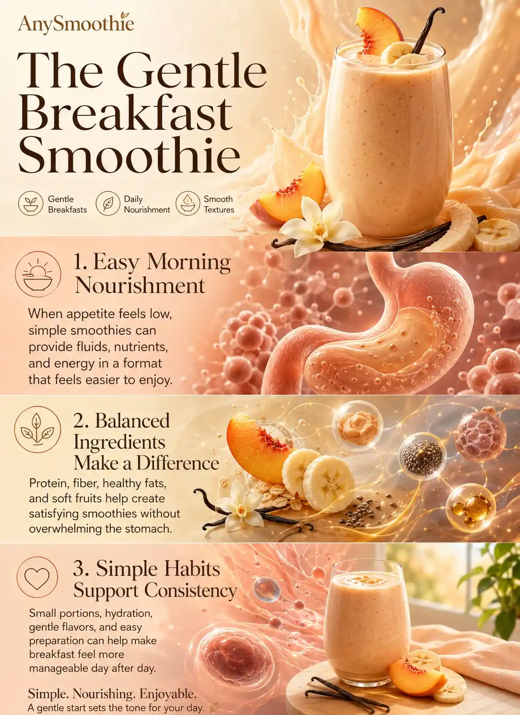 Premium wellness infographic illustrating gentle breakfast smoothies for low appetite, featuring peach banana smoothie ingredients, balanced nutrition, easy morning nourishment habits, smooth textures, hydration support, and daily wellness routines.
